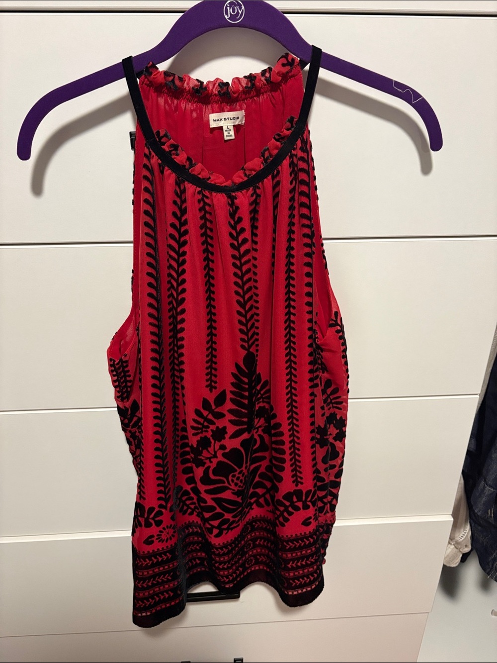 Max Studio Red Camisole with Black Velvet Botanical Print